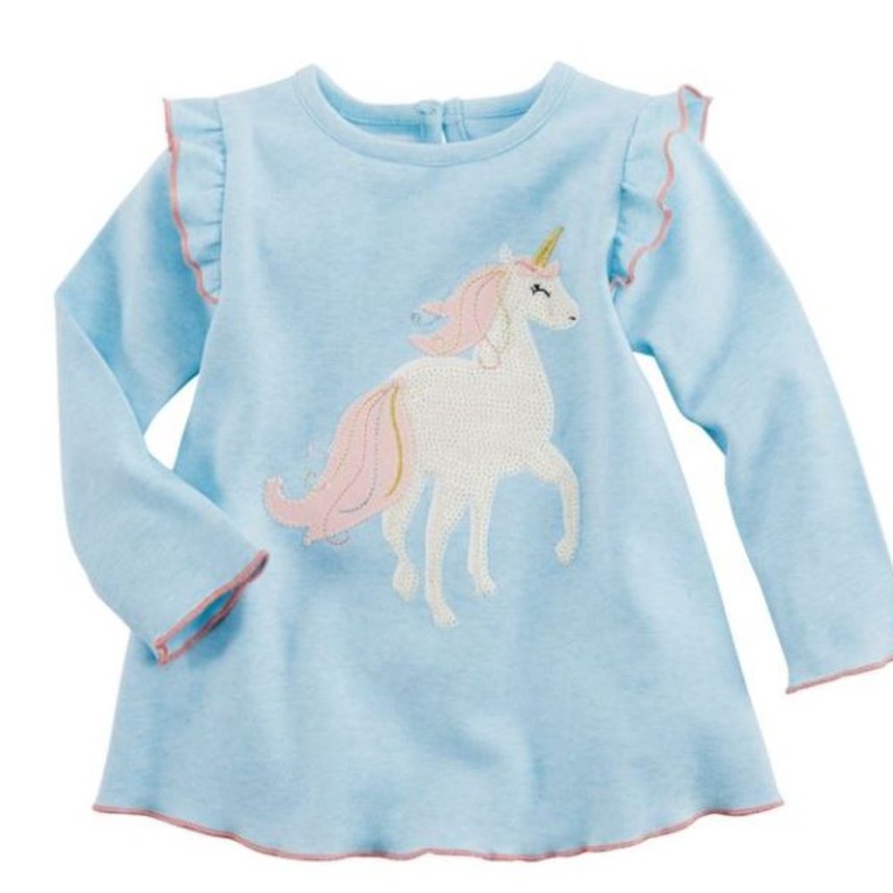 Mud Pie | Baby Girls Blue and Pink Cotton Unicorn Tunic Size 12-18M
